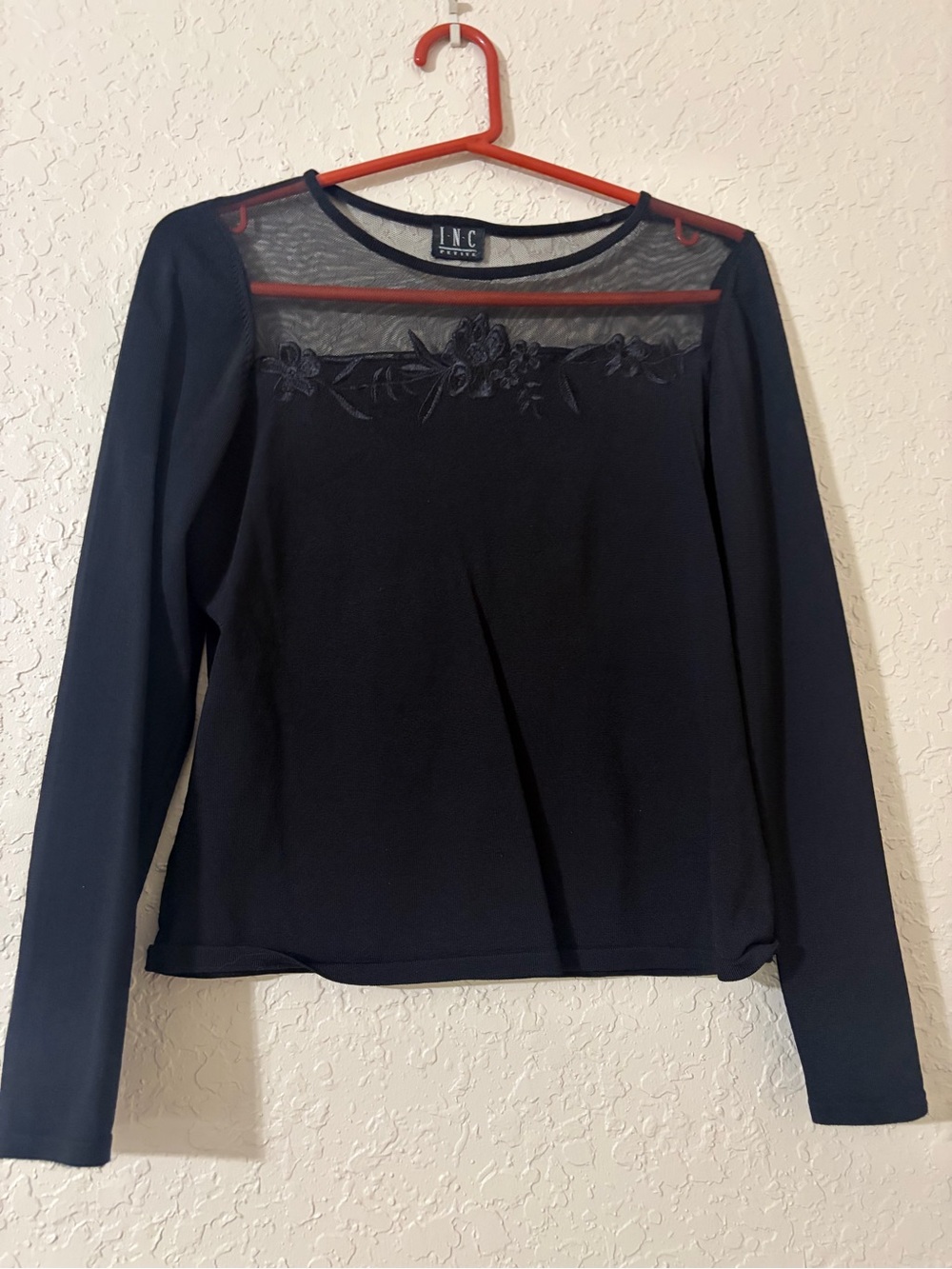 INC International Concepts Navy Long-Sleeve Top with Sheer Embroidered Yoke